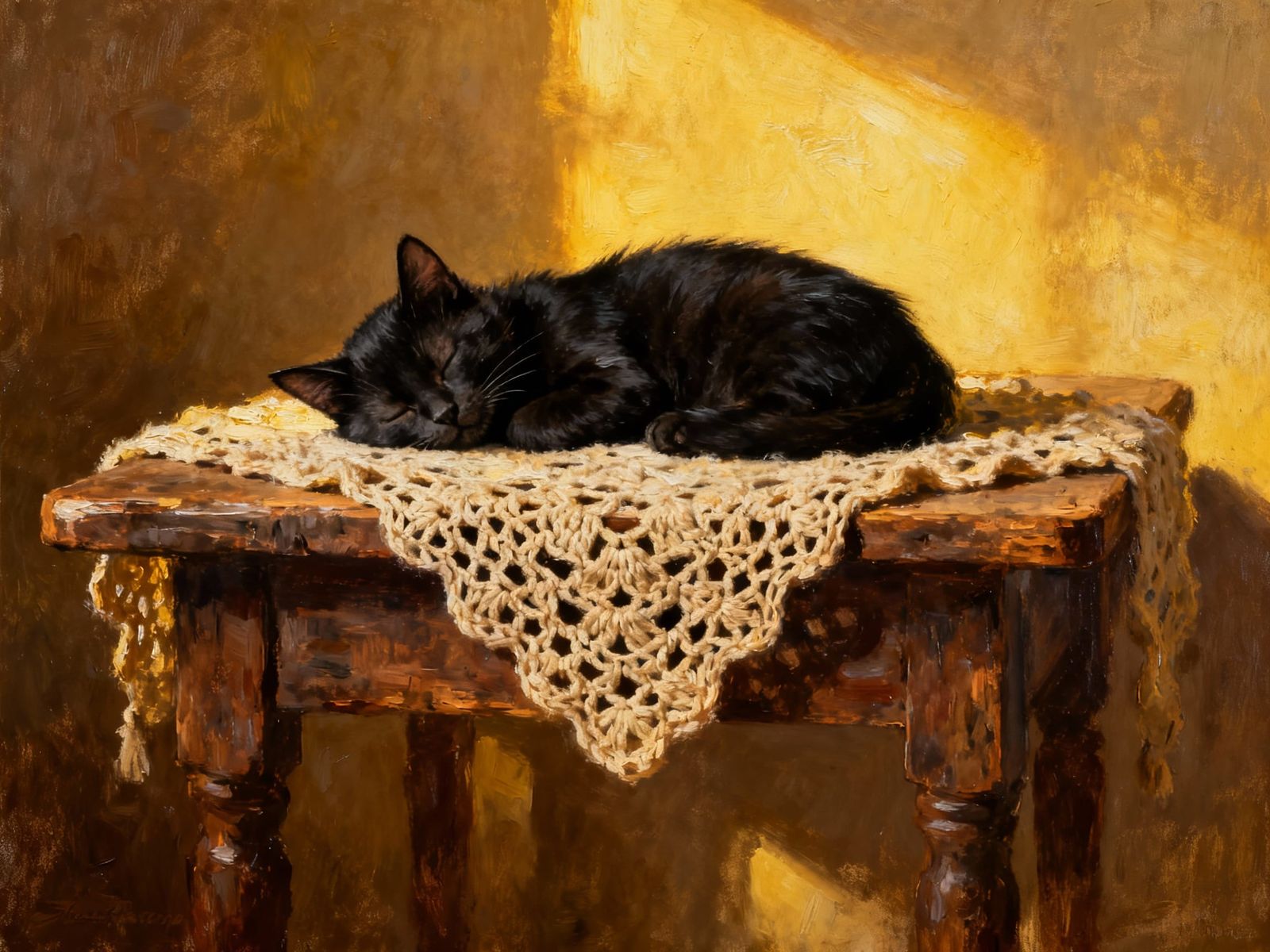 Black Cat Sleeping in Golden Morning Light