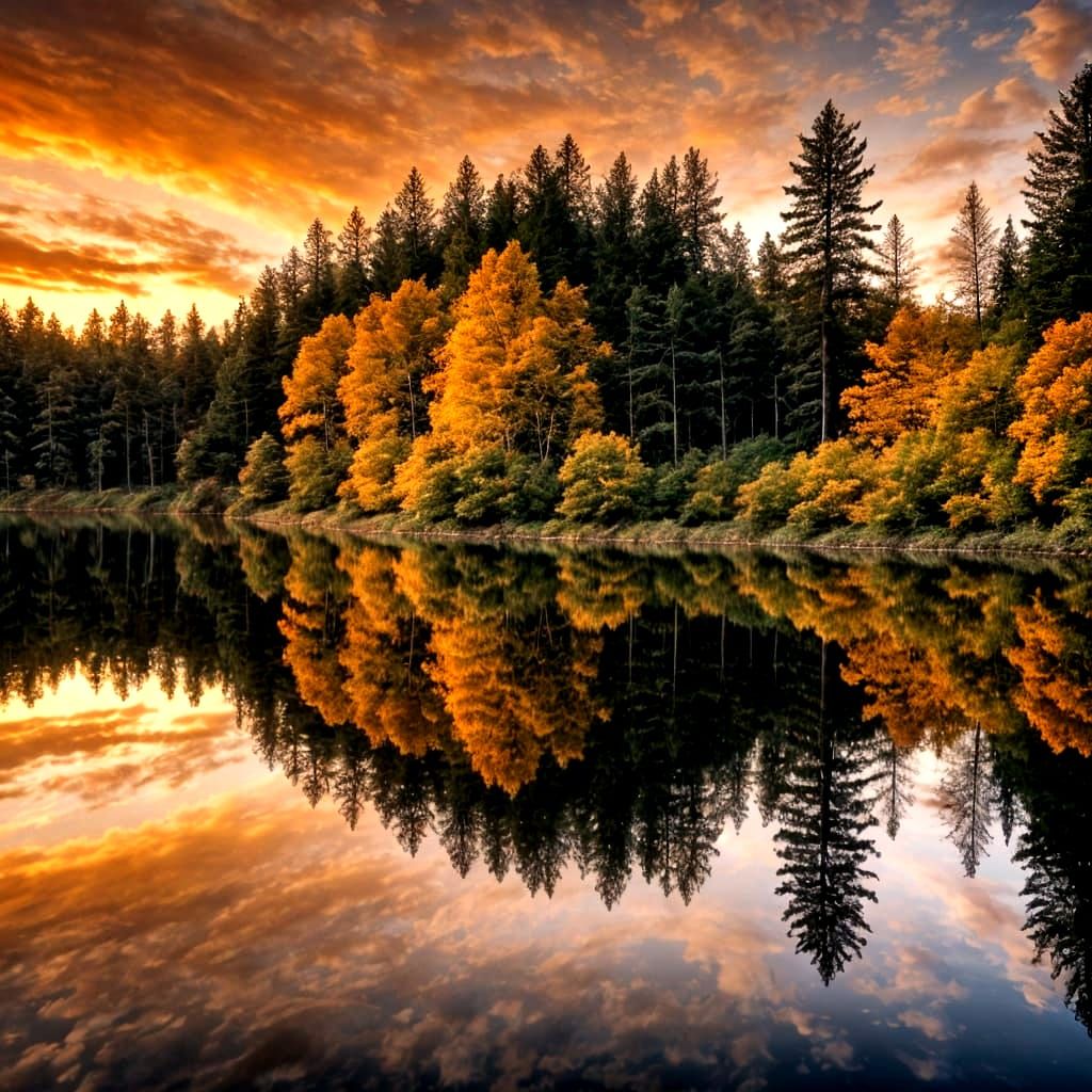Autumn Sunset Reflected in Forest Lake