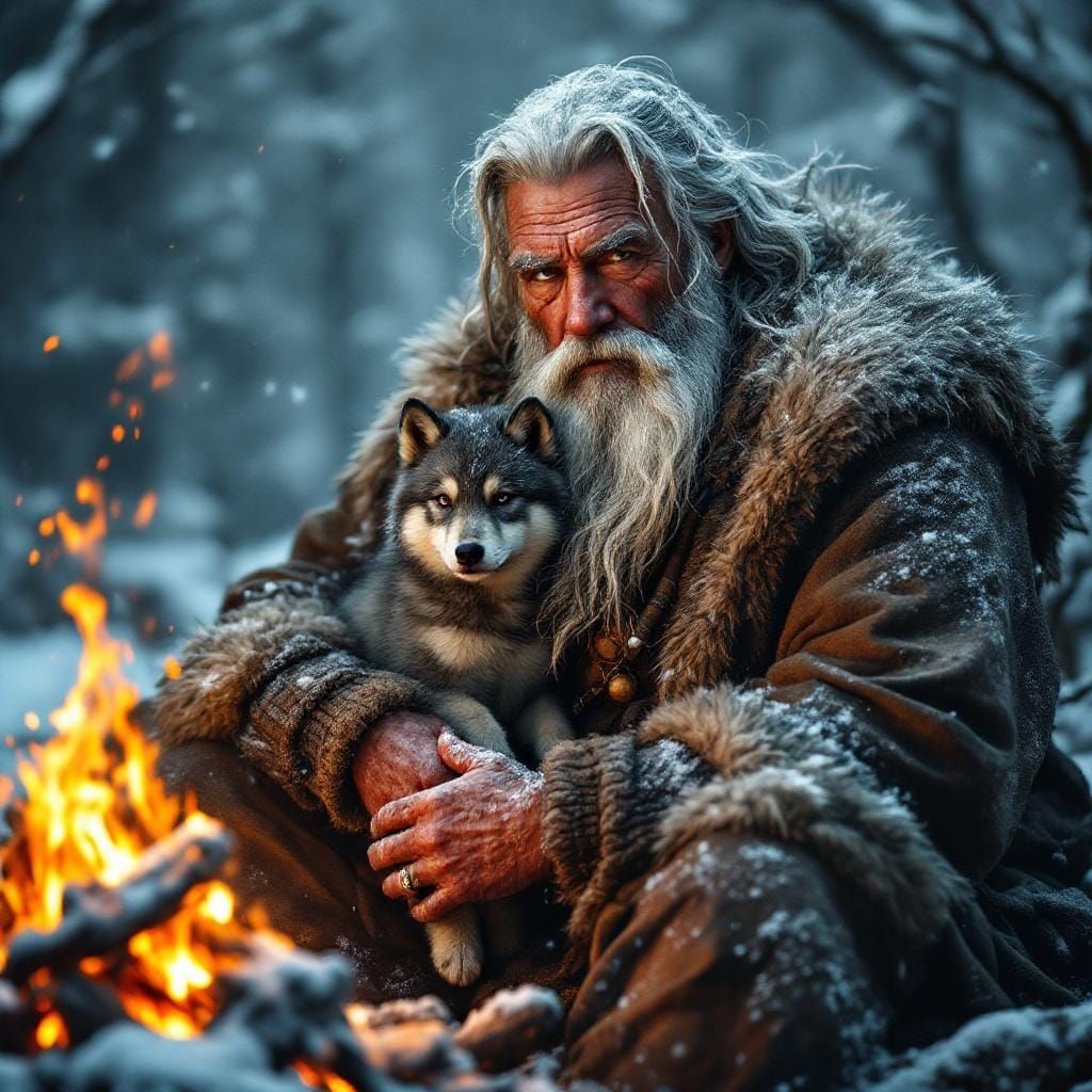 Elderly Man and Wolf Pup by Campfire in Snowy Landscape