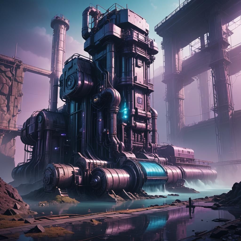 Futuristic Cyberpunk Hydroelectric Plant in Misty Landscape