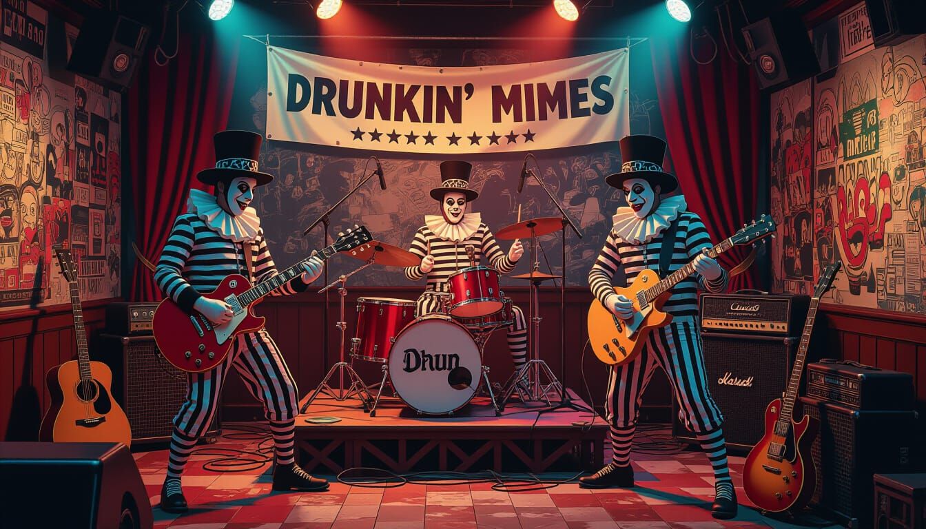 Punk Mime Band Rocks Small Stage in Colorful Club