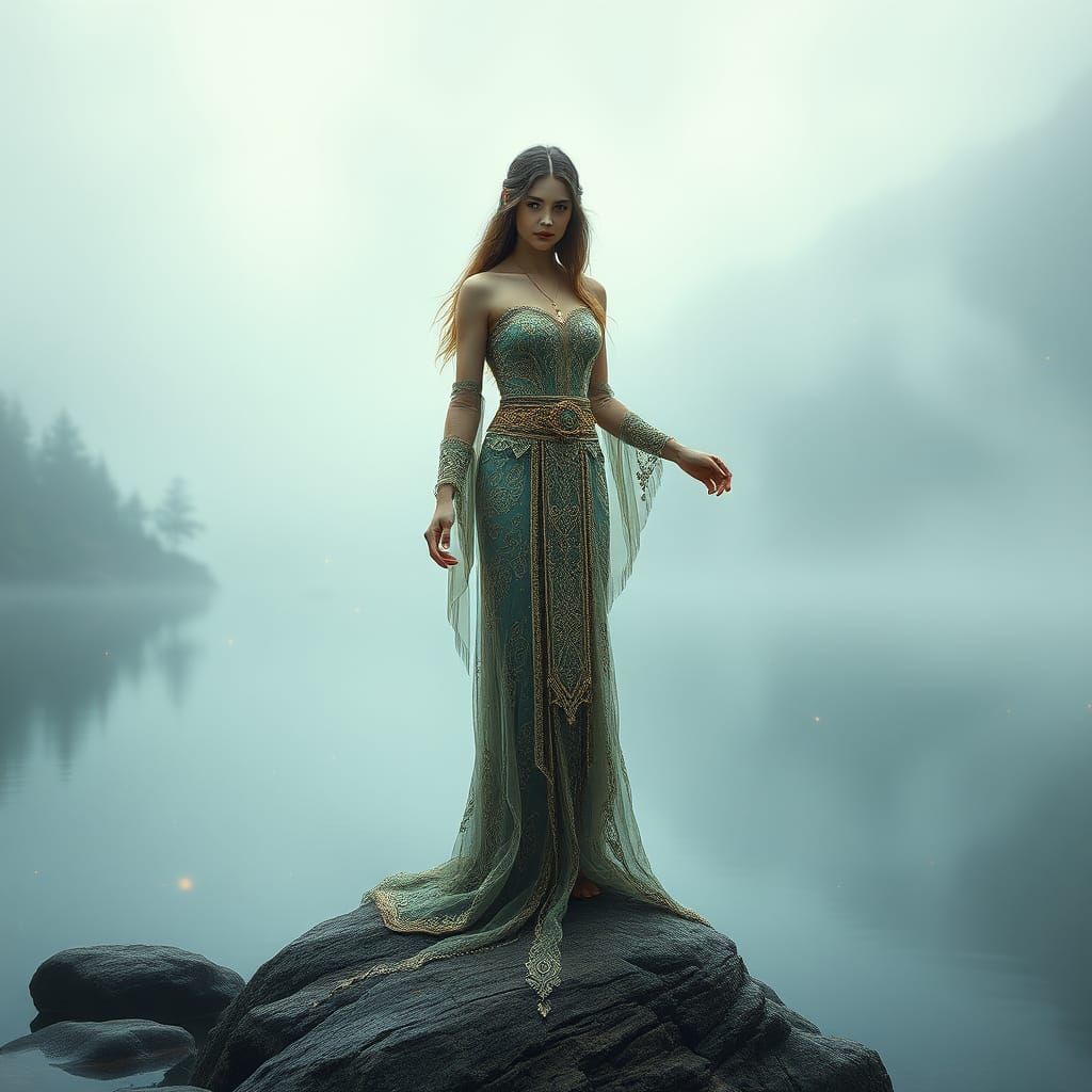 Hyperrealistic Priestess by a Foggy Lake at Night