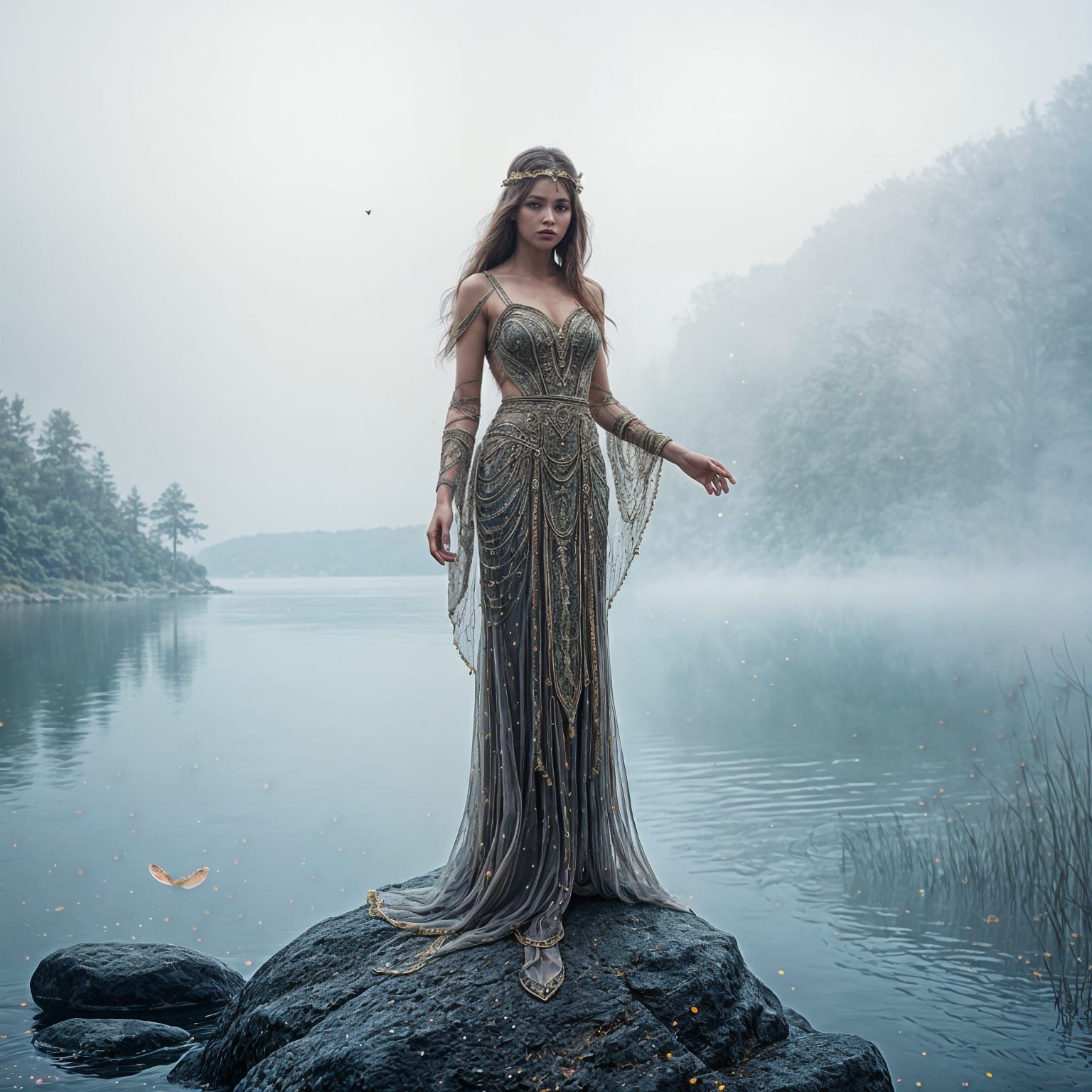 Hyperrealistic Priestess on Lake with Fireflies