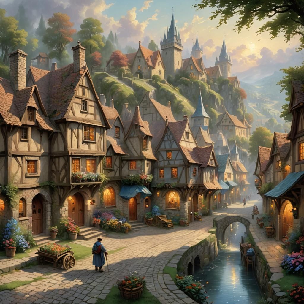 Ethereal Medieval Village Street Scene in Summer