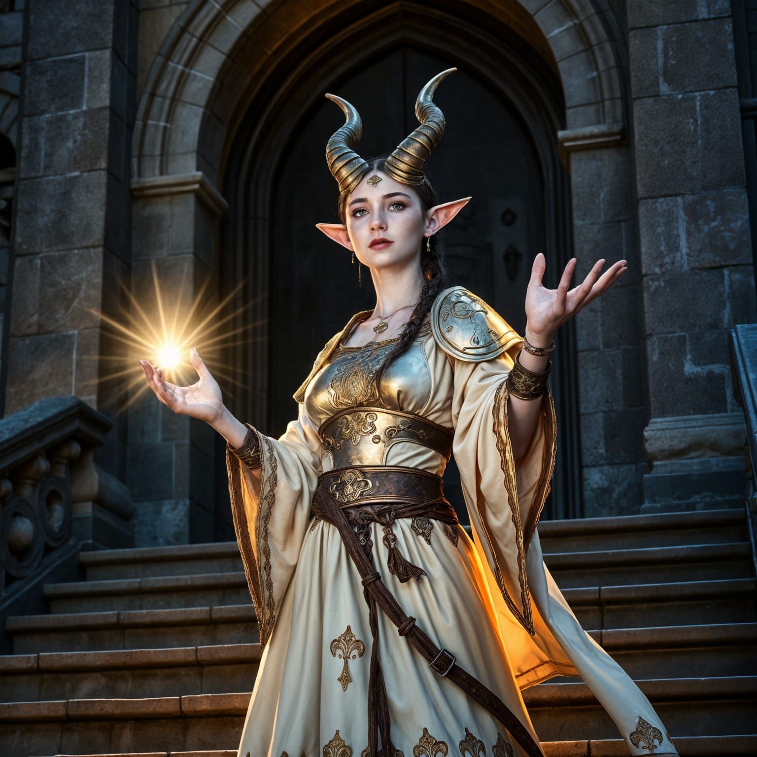 Tiefling Cleric Casting Light Spell in Fantasy Temple