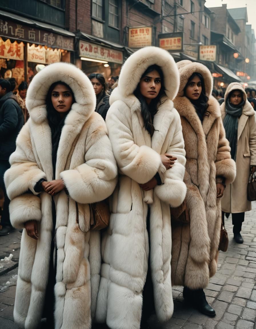 Indian Women in Oversized White Fur Coats
