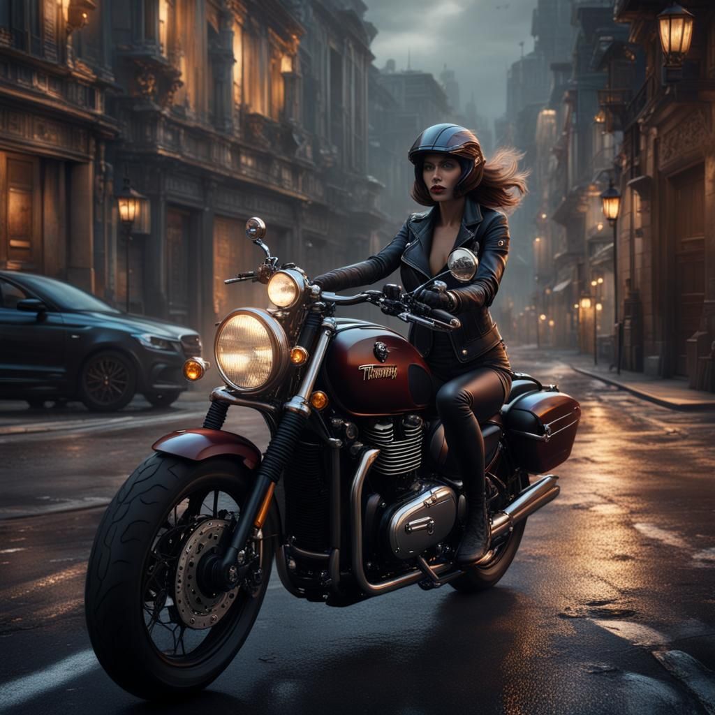 Woman on Triumph Roadster in City at Night