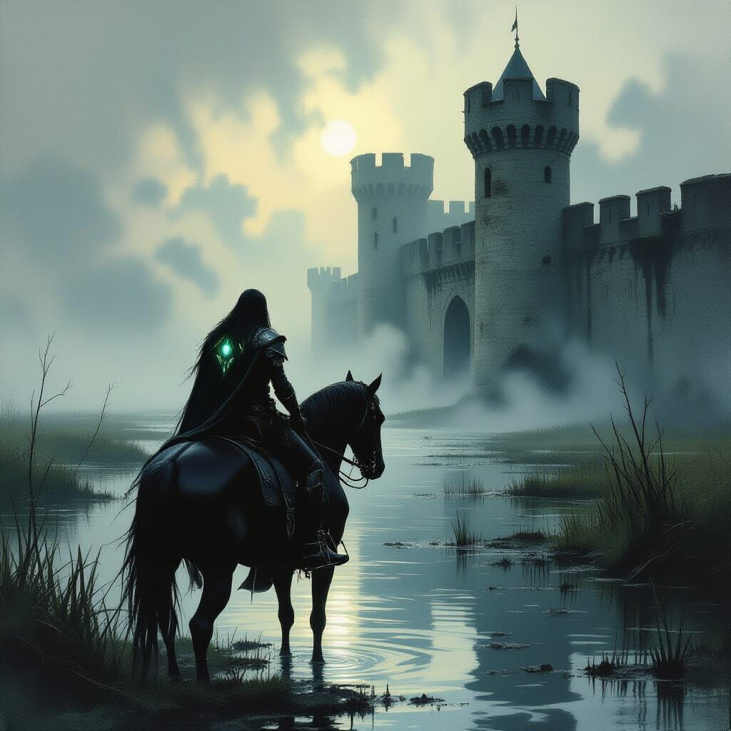 Dorian Hawkmoon in Foggy Swamp, Dark Fantasy Oil Painting