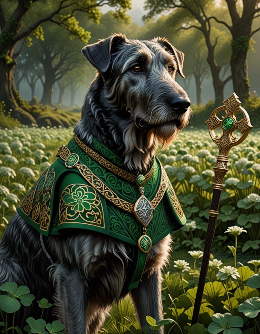 Irish Wolfhound as Saint Patrick in Oil Painting