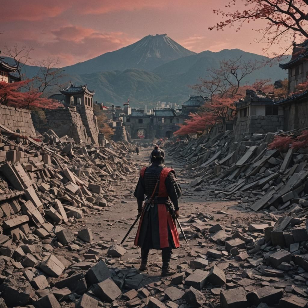 Samurai in Castle Ruins with Red Sky