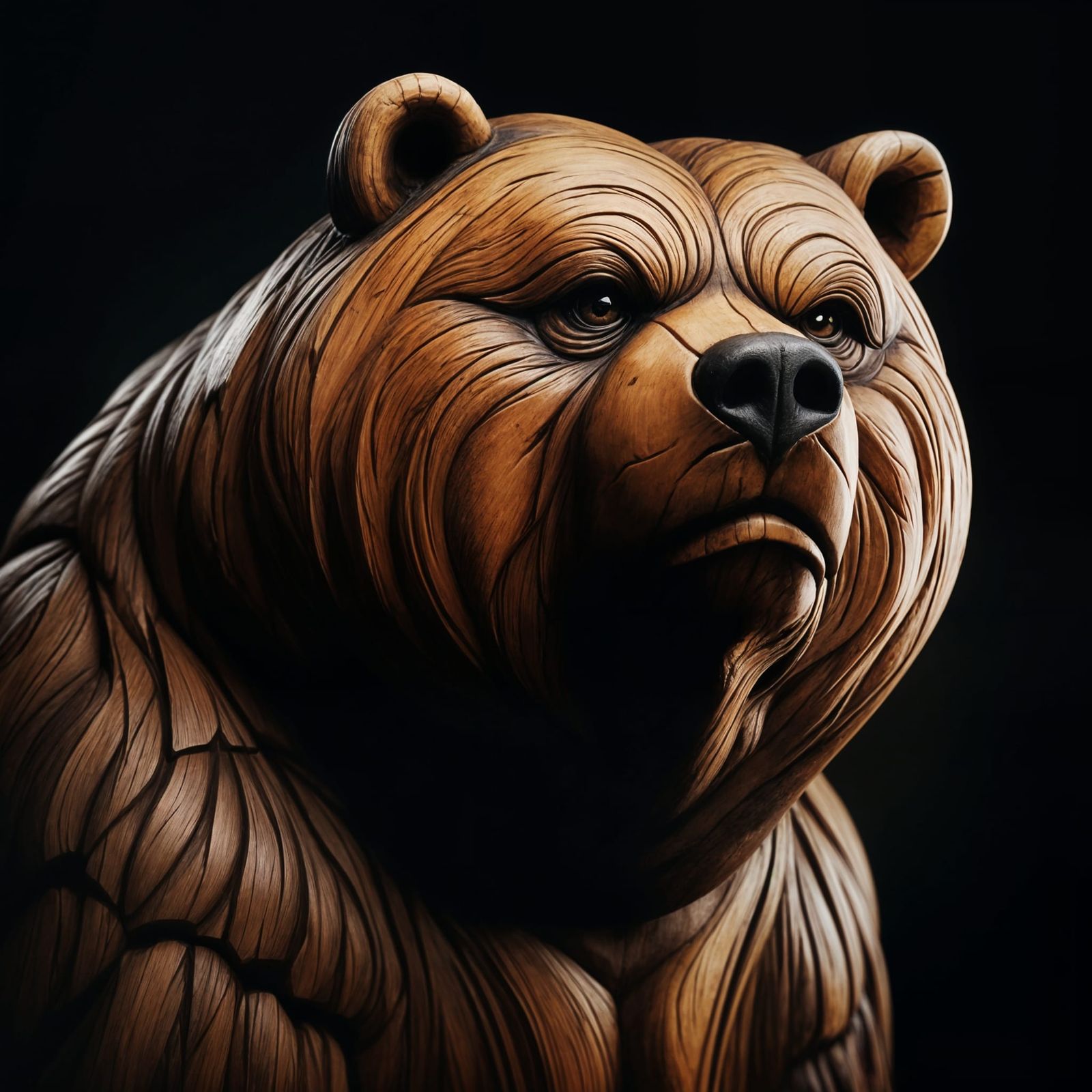 Carved Wooden Kodiak Bear Portrait in Dark Photography