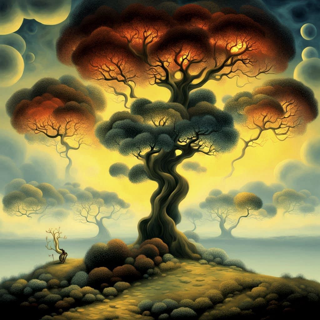 Ethereal Tree of Glowing Orbs in a Surreal Landscape
