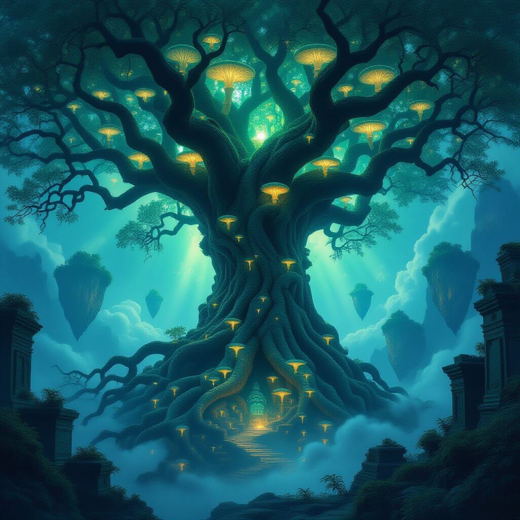 Ancient Tree Roots Entwined with Ruins Under Bioluminescent ...