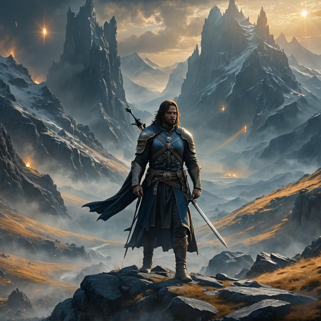 Heroic Figure with Sword in Misty Mountains