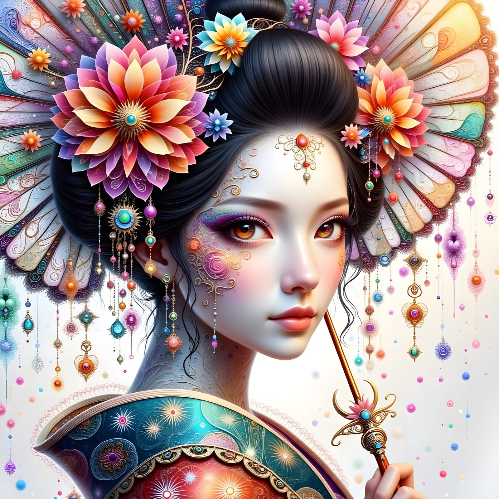 Geisha Portrait with Fractal Fan in Aquarelle Style