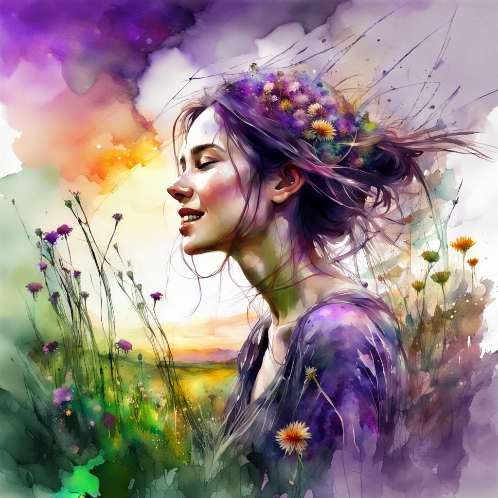 Beautiful Woman in Watercolor Flower Field