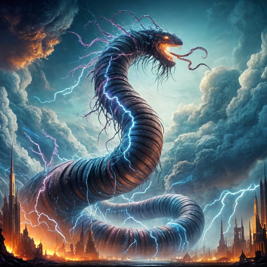 Gigantic Lightning Worm in Stormy Skies