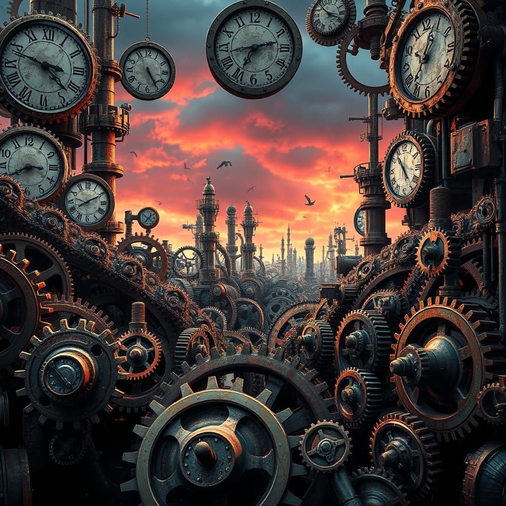 Steampunk Ocean of Machinery with Clock Face Horizon