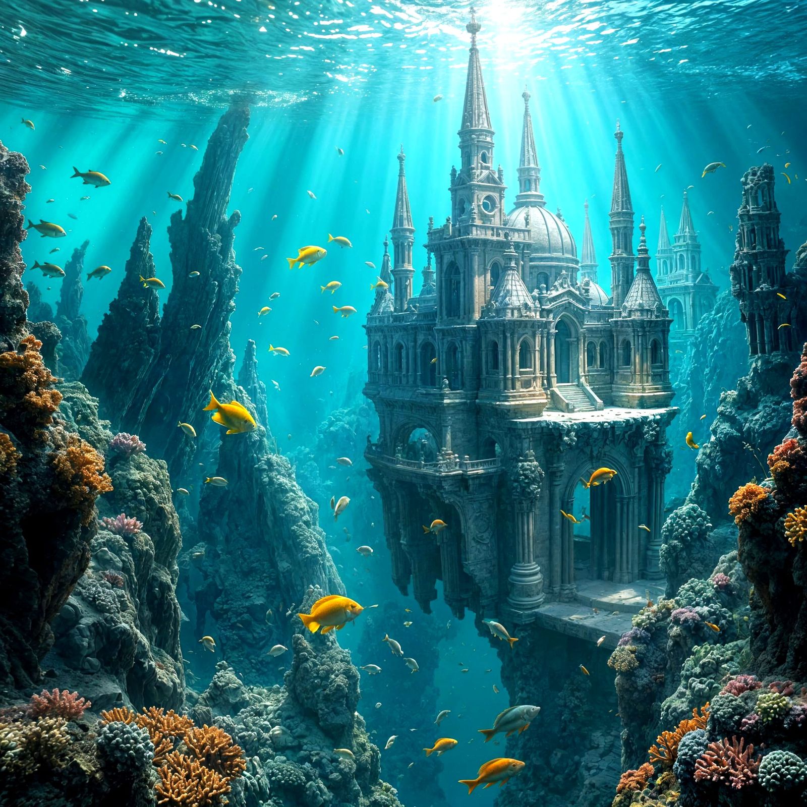 Underwater Coral City with Sunbeams
