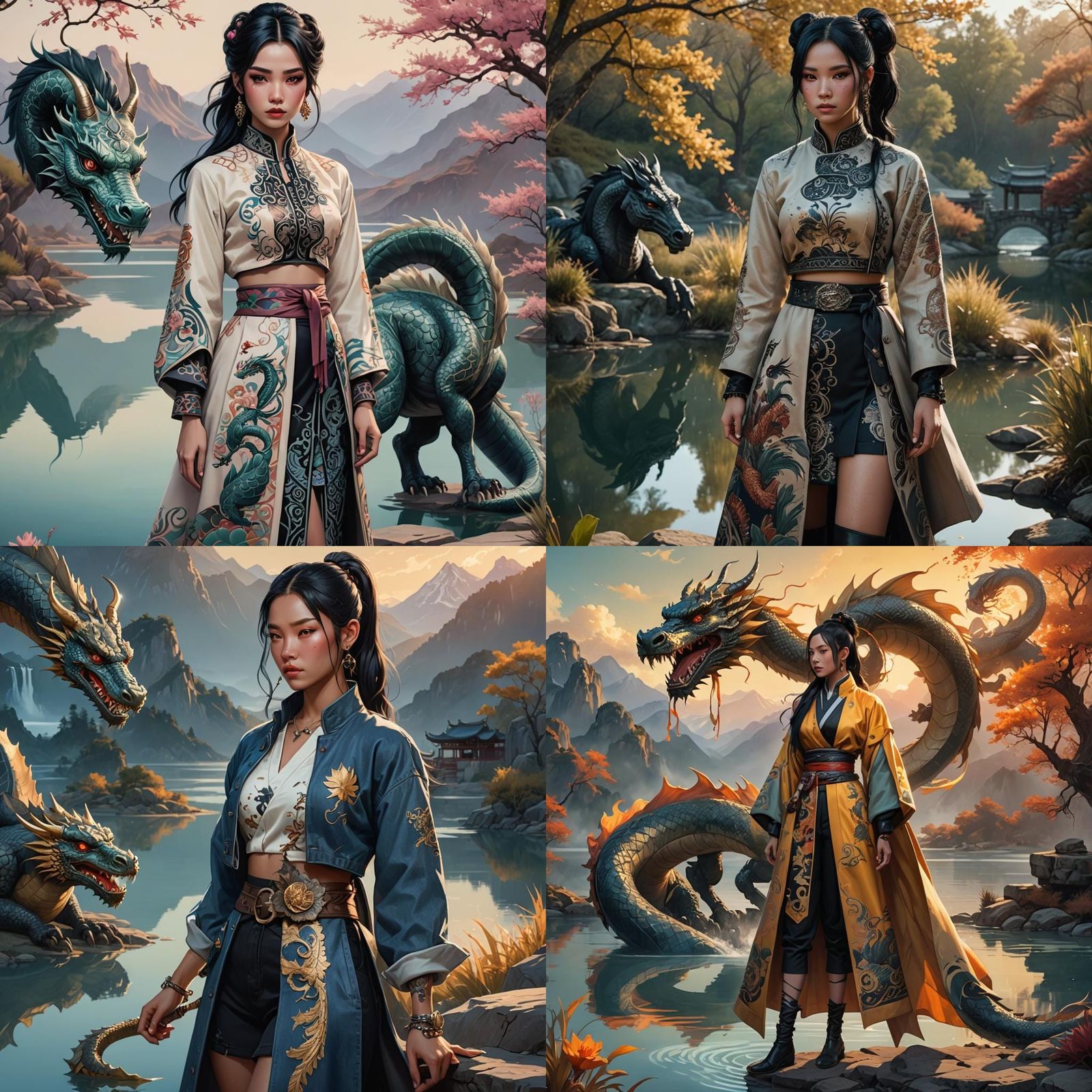 Girl in China Dress with Dragon Illustration