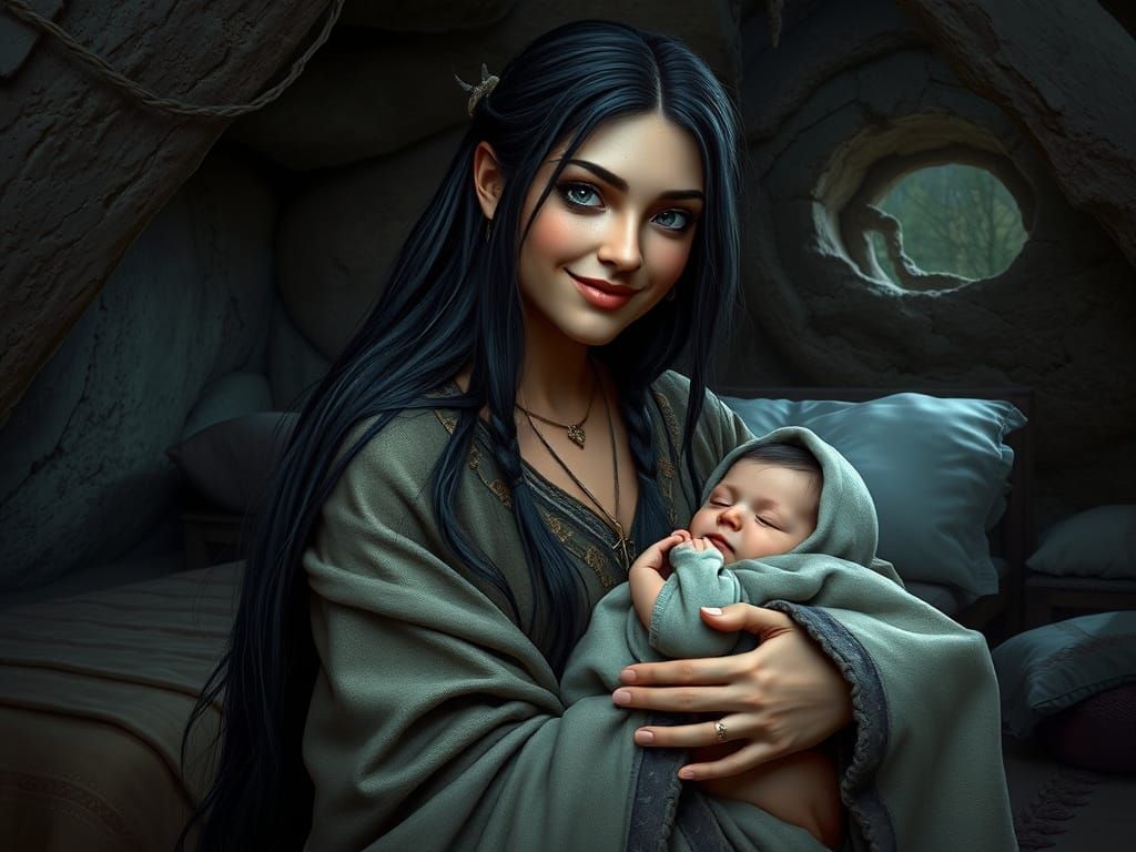 Anglo-Saxon Druid Mother Tenderly Holds Her Baby in a Cave