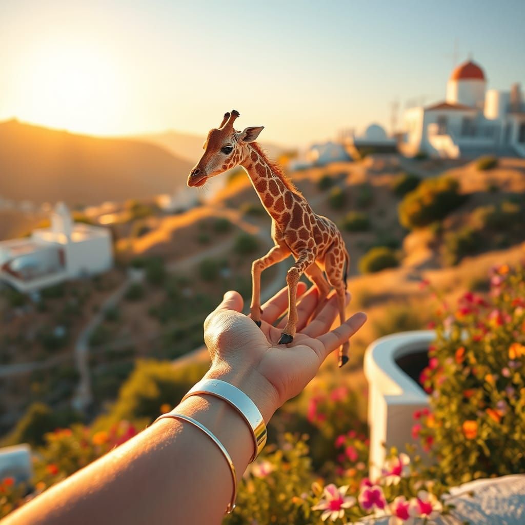 Cycladic Sunset: Hand Holding a Tiny Giraffe