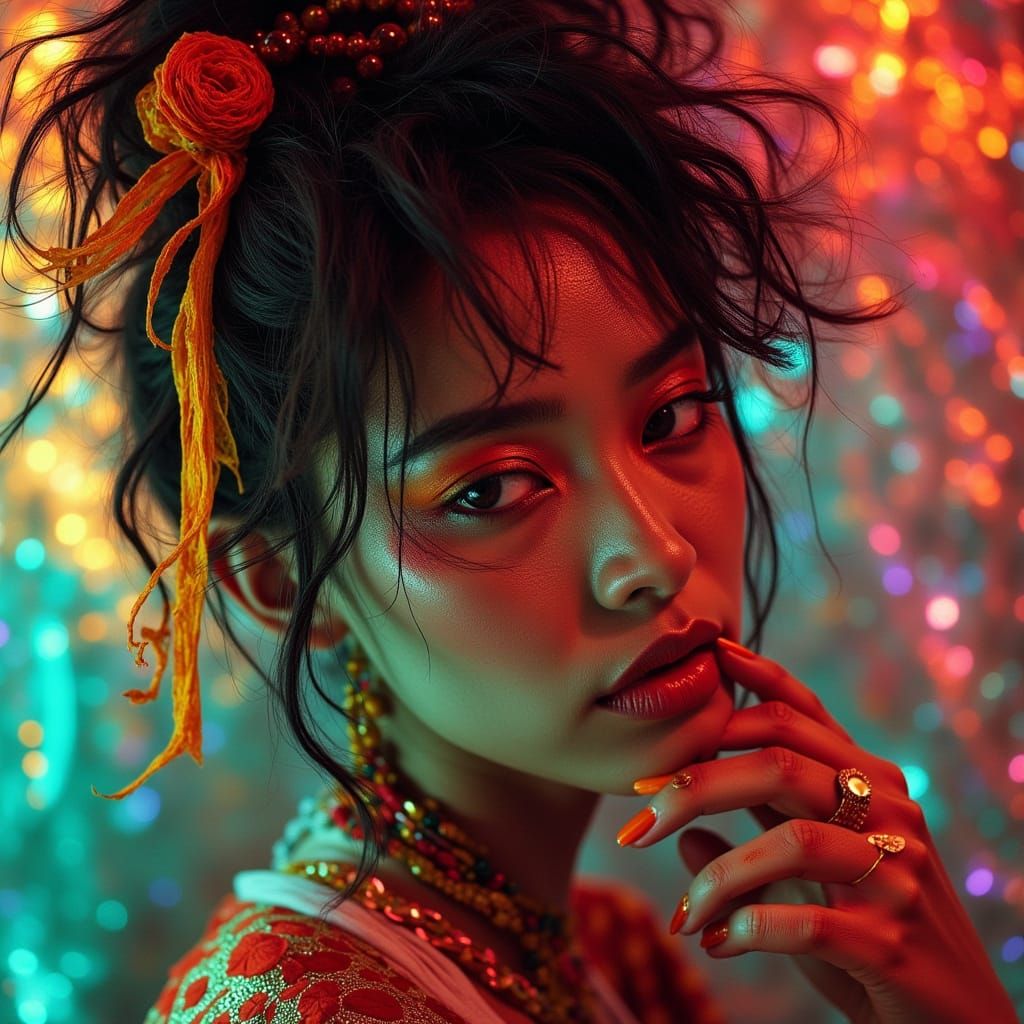 Punk Geisha Portrait in Vibrant Lomography Style