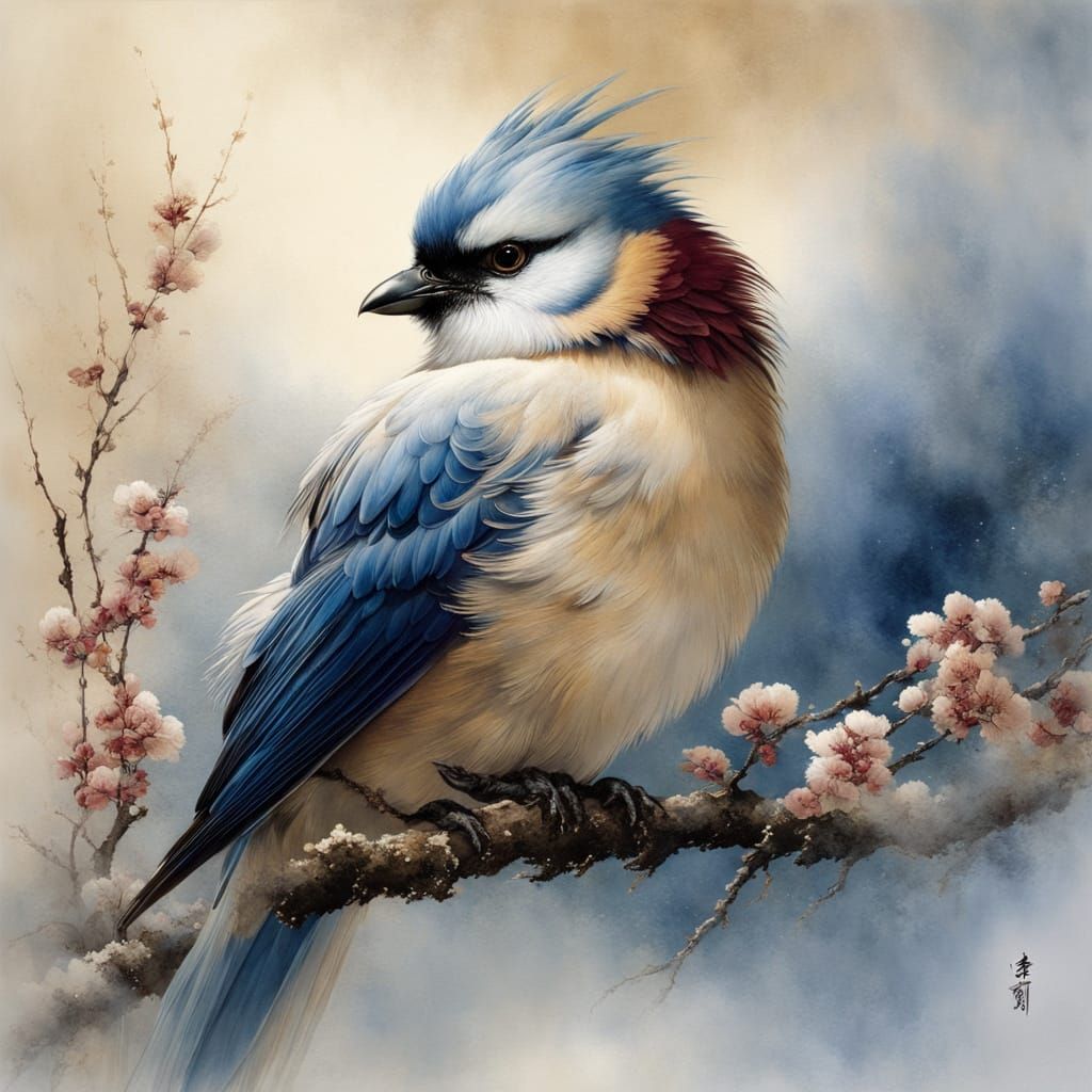 Fluffy Bird in Chinese Watercolor Landscape