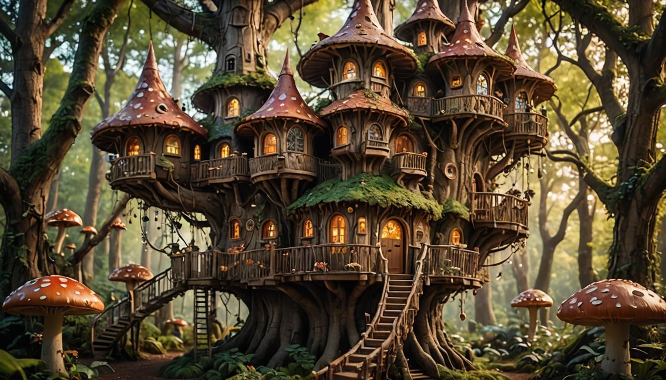 Enchanted Mushroom Forest Treehouse with Towers