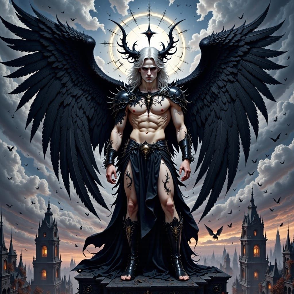 Winged Figure Over Mystical City: Fantasy Concept Art