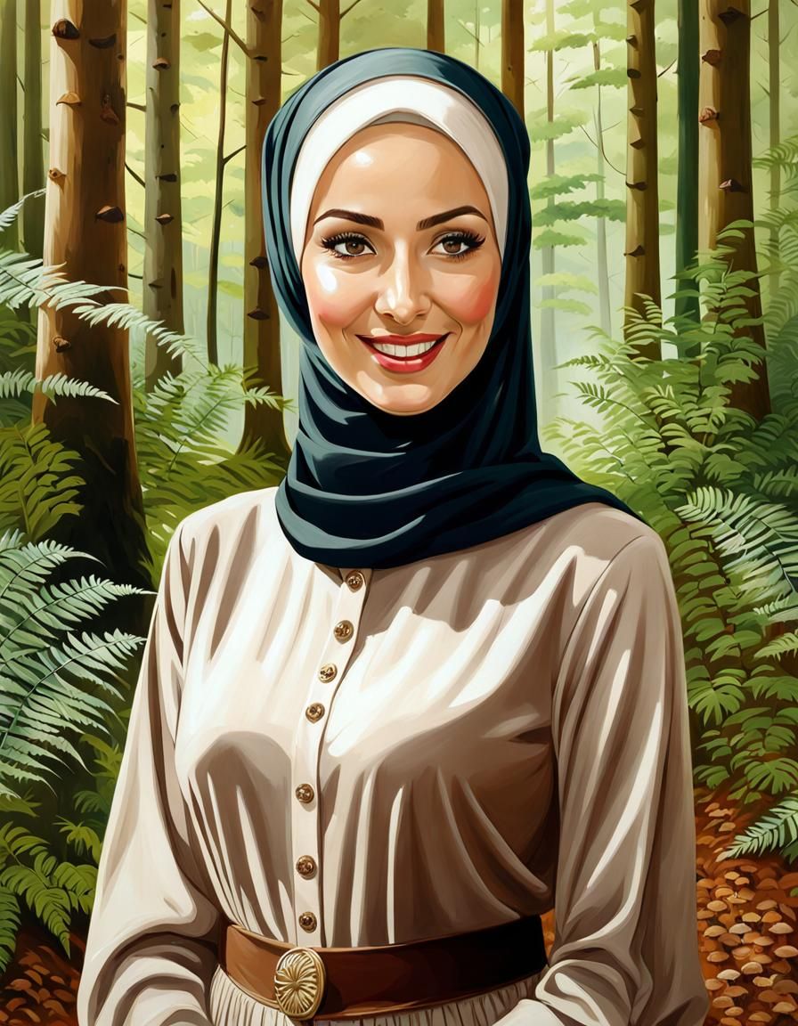 Elegant Hijabi Woman in Beech Forest, Oil Painting