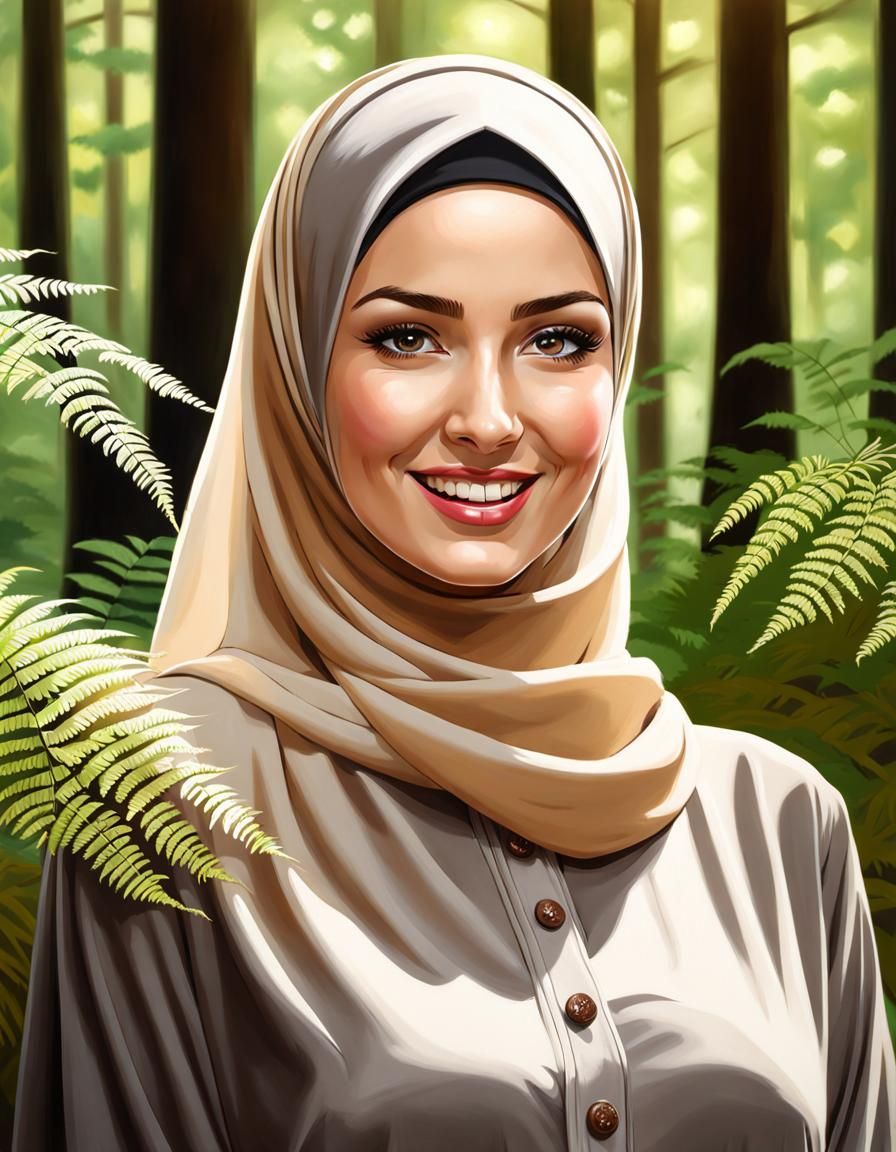 Elegant Hijabi Woman in Beech Forest Oil Painting