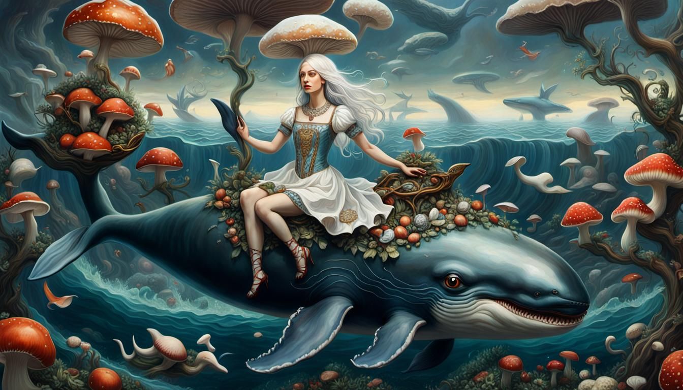 Woman Rides Whale in Surrealist Dreamscape