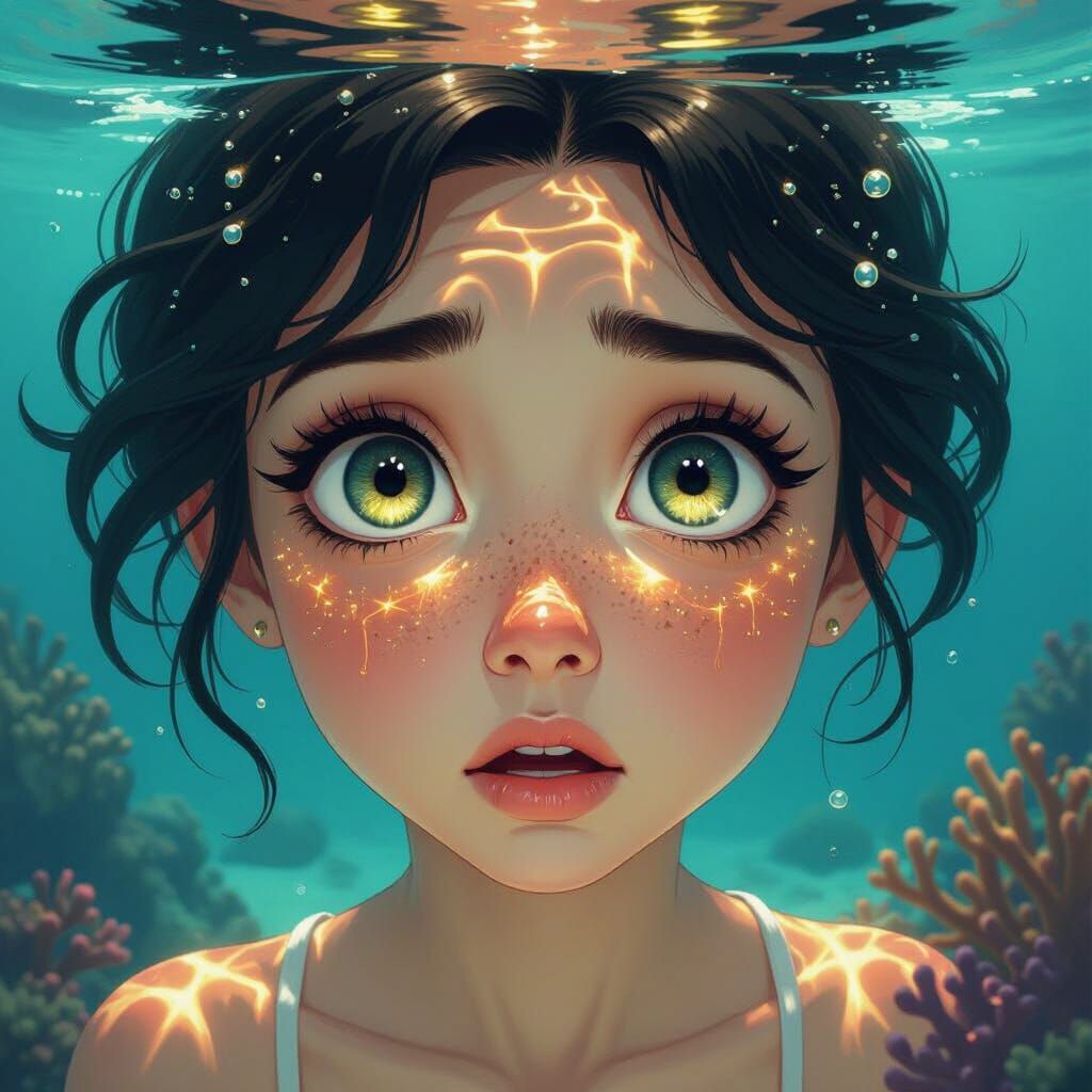 Eye Reflecting Frightened Face with Gold Light Veins