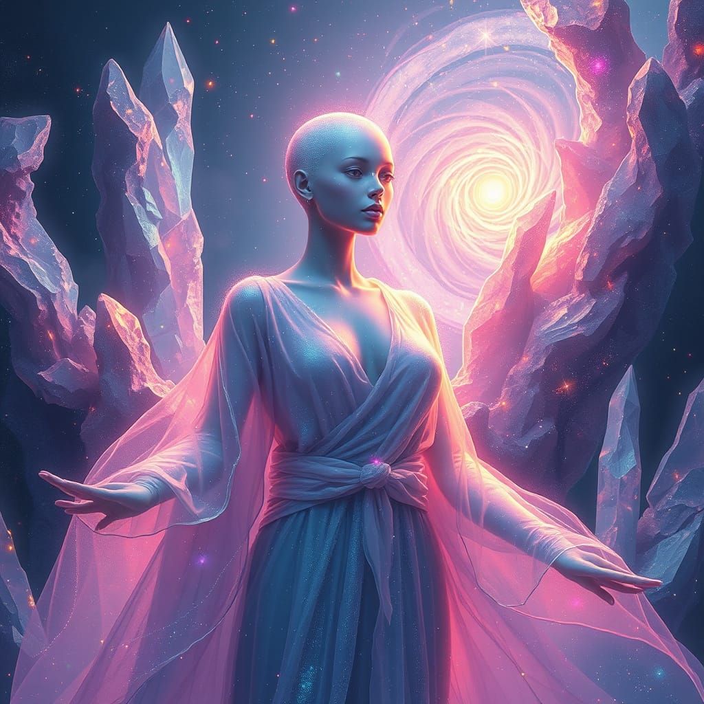 Ethereal Cosmic Being in Shimmering Stardust Robes