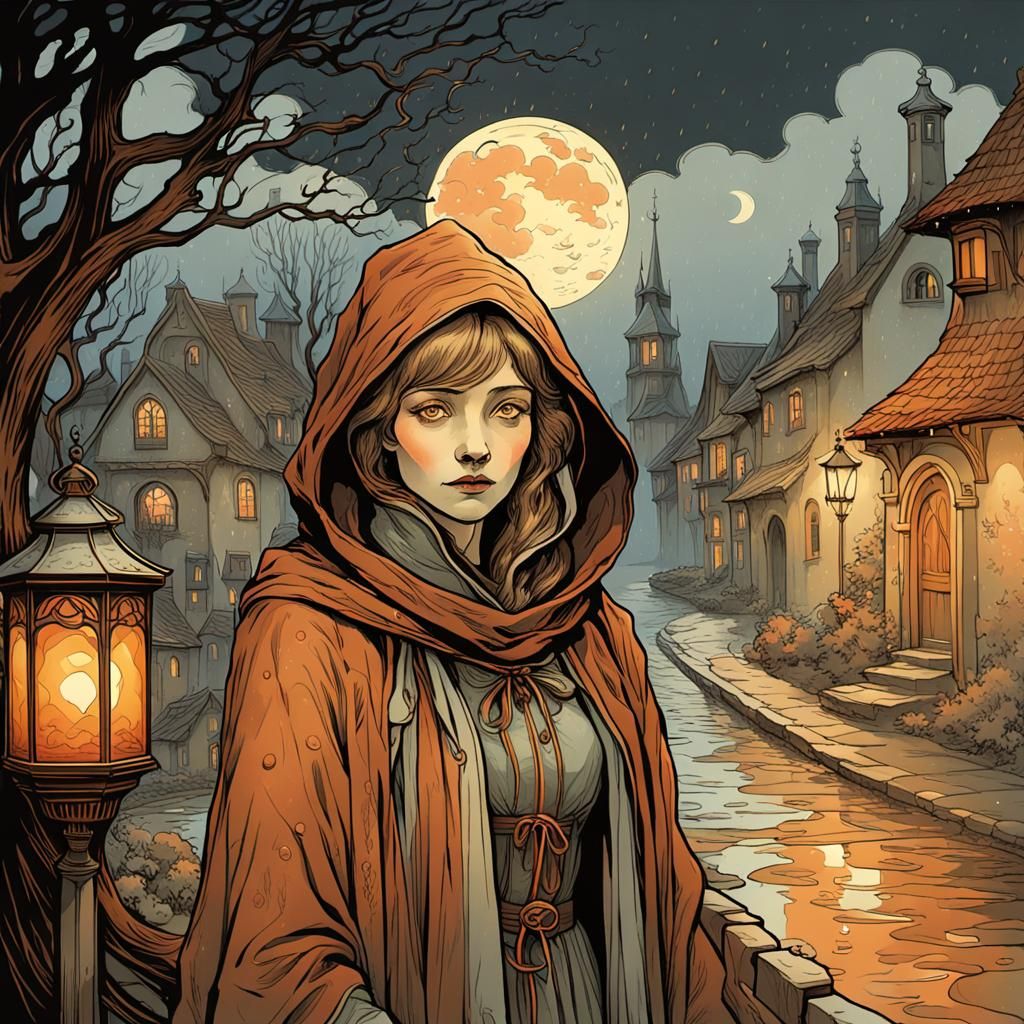 Art Nouveau Woman at Haunted Well in Rain