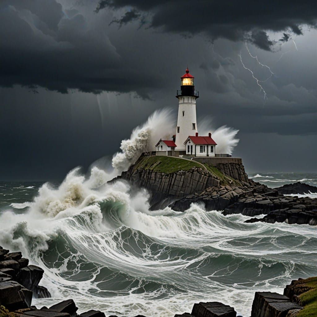Lighthouse Against Turbulent Sea in Stormy Weather