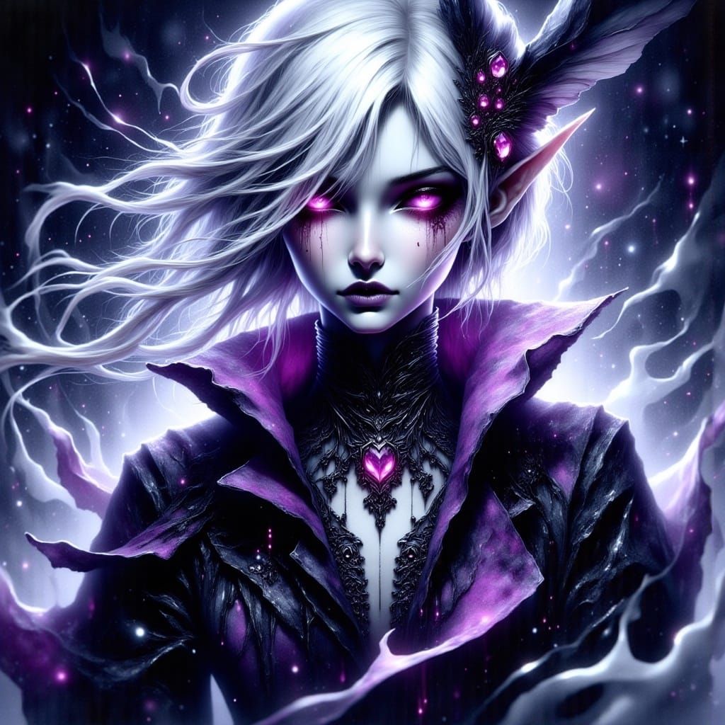 Realistic Anime-Style Void Elf Priestess in Elegant Dark Pur...