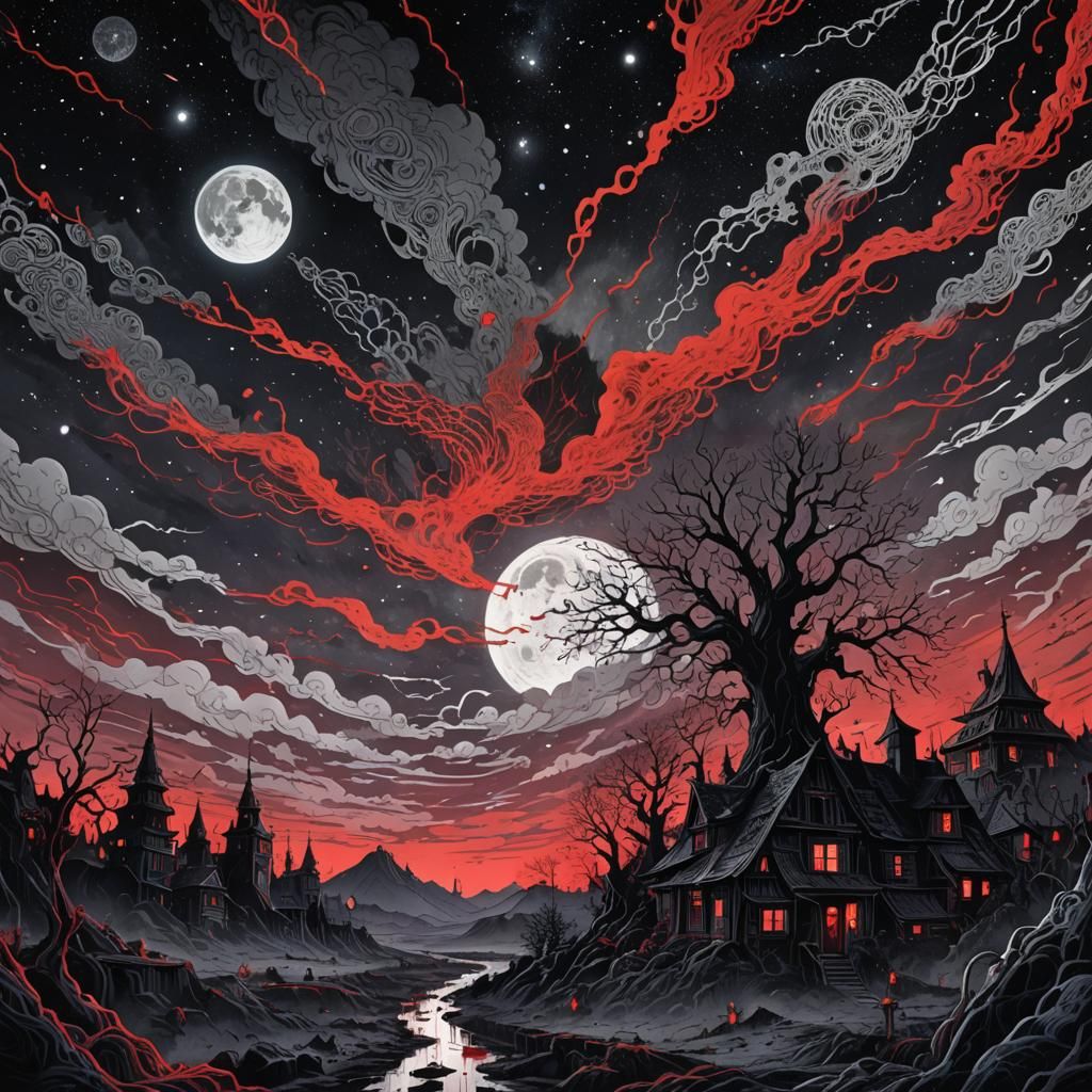 Dark Fantasy River Town in 80s Anime Style