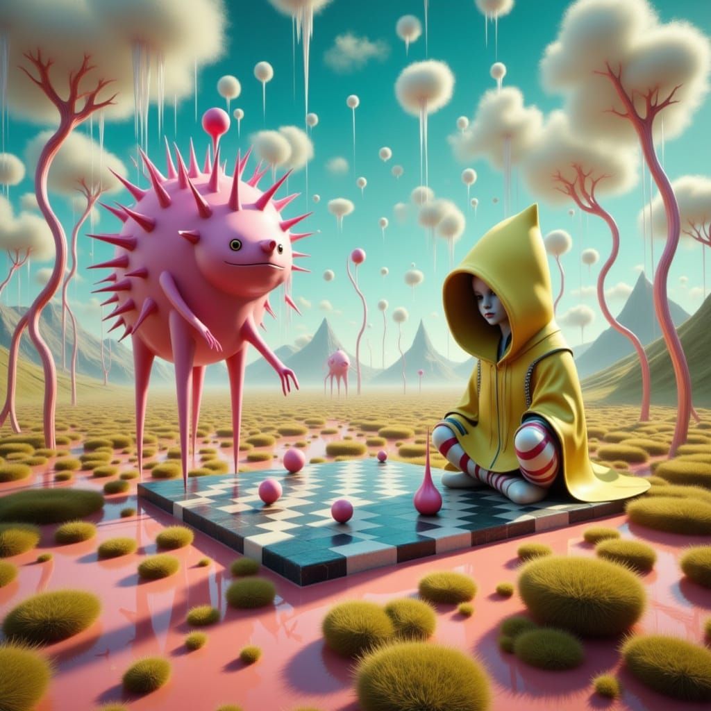 Surreal Chess Game: Hooded Figure Meets Pink Creature
