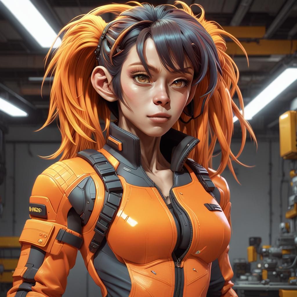 Cyberpunk Chimpanzee Woman in Garage Work Suit