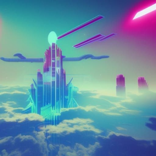 Planetary Ruins in Blue Sky: Synthwave Neon Art