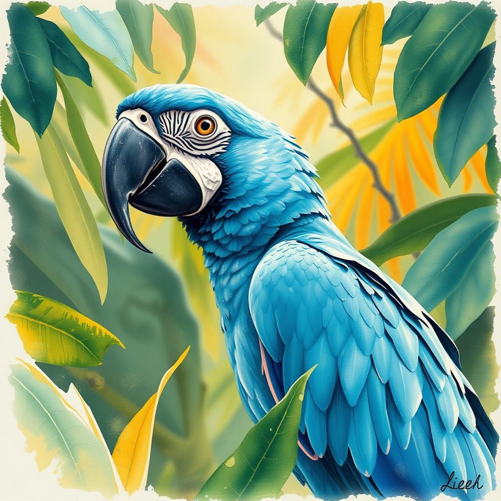 Blue Macaw in Jungle, Expressive Brushstroke Painting
