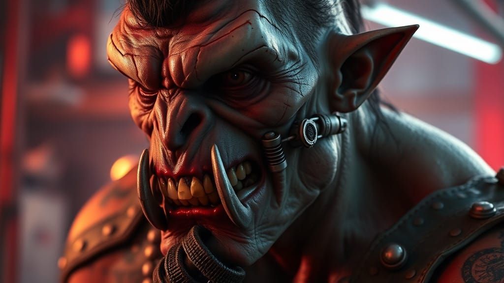 Cyberpunk Orc in Dark, Industrial Landscape