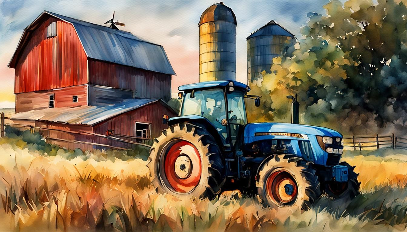 Tractor in Barnyard: Digital Watercolor Summerscape