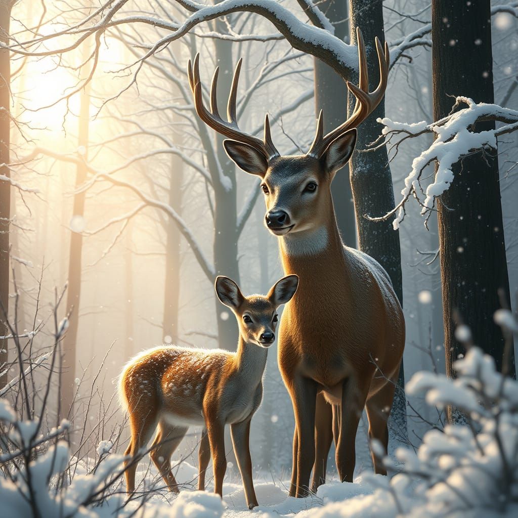 Winter Wonderland with Doe and Fawn in Golden Light