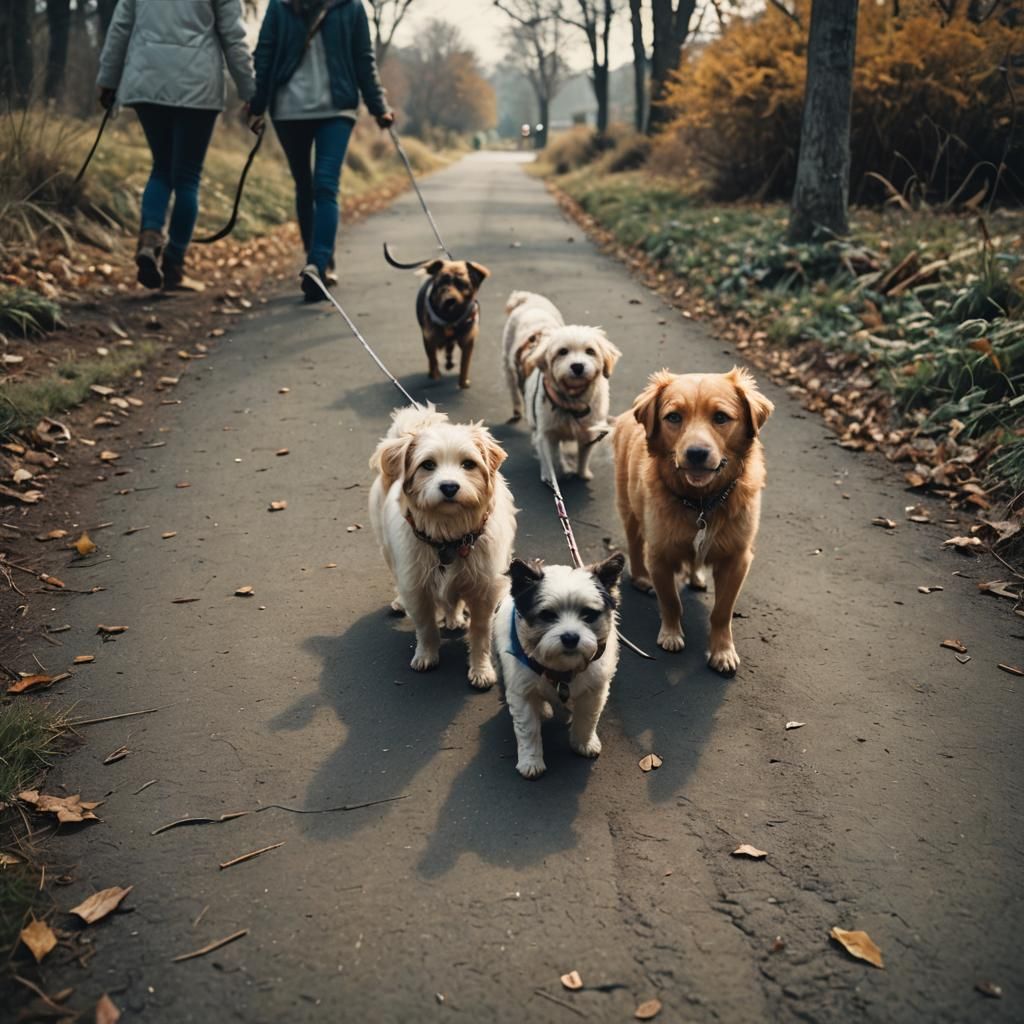 Five Cute Dogs on Leashes: A Cinematic Walk