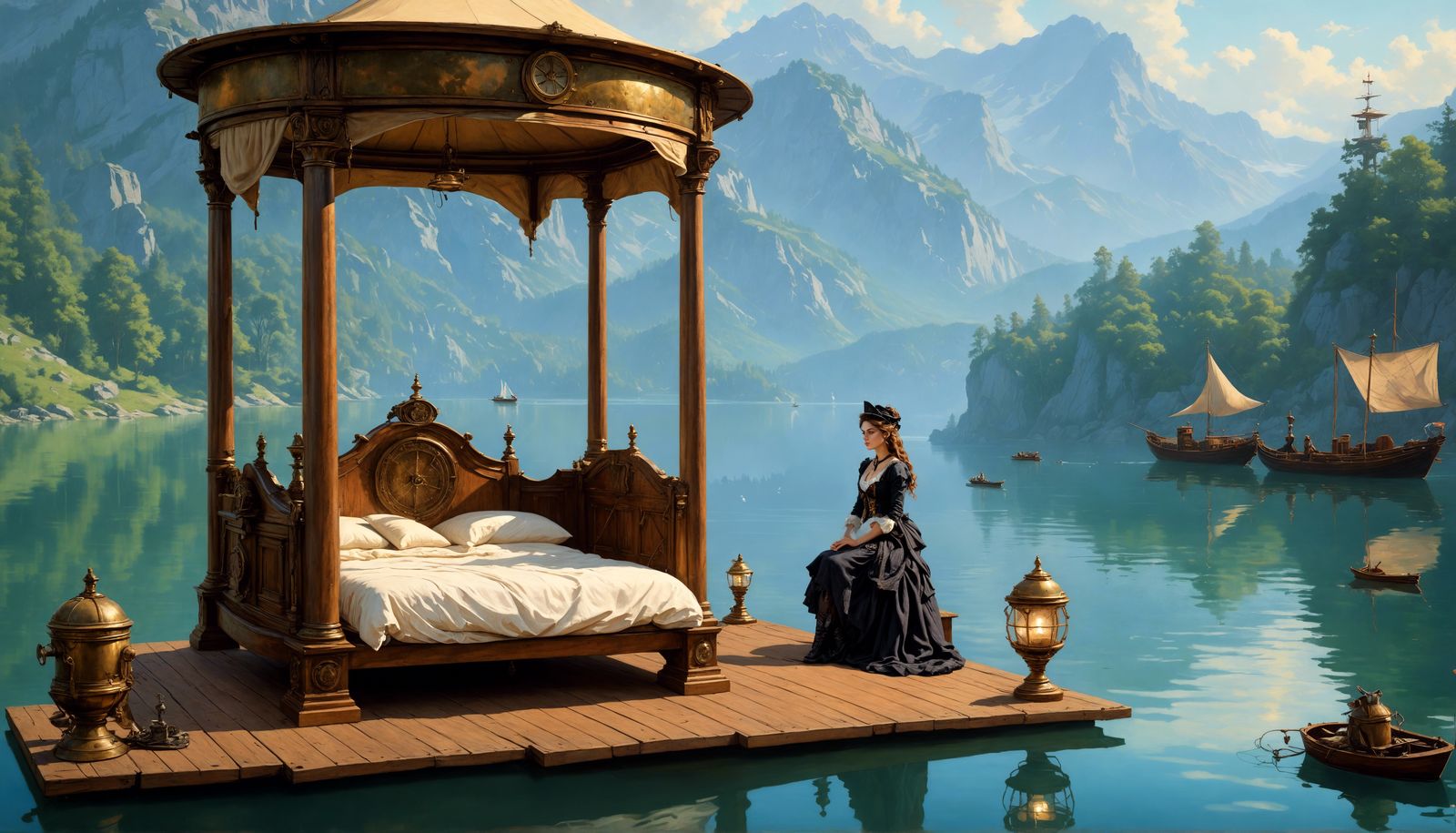 Floating Steampunk Bed on Lake with Resting Woman