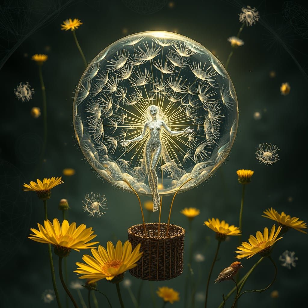 Ethereal Silver Being in Dandelion Balloon