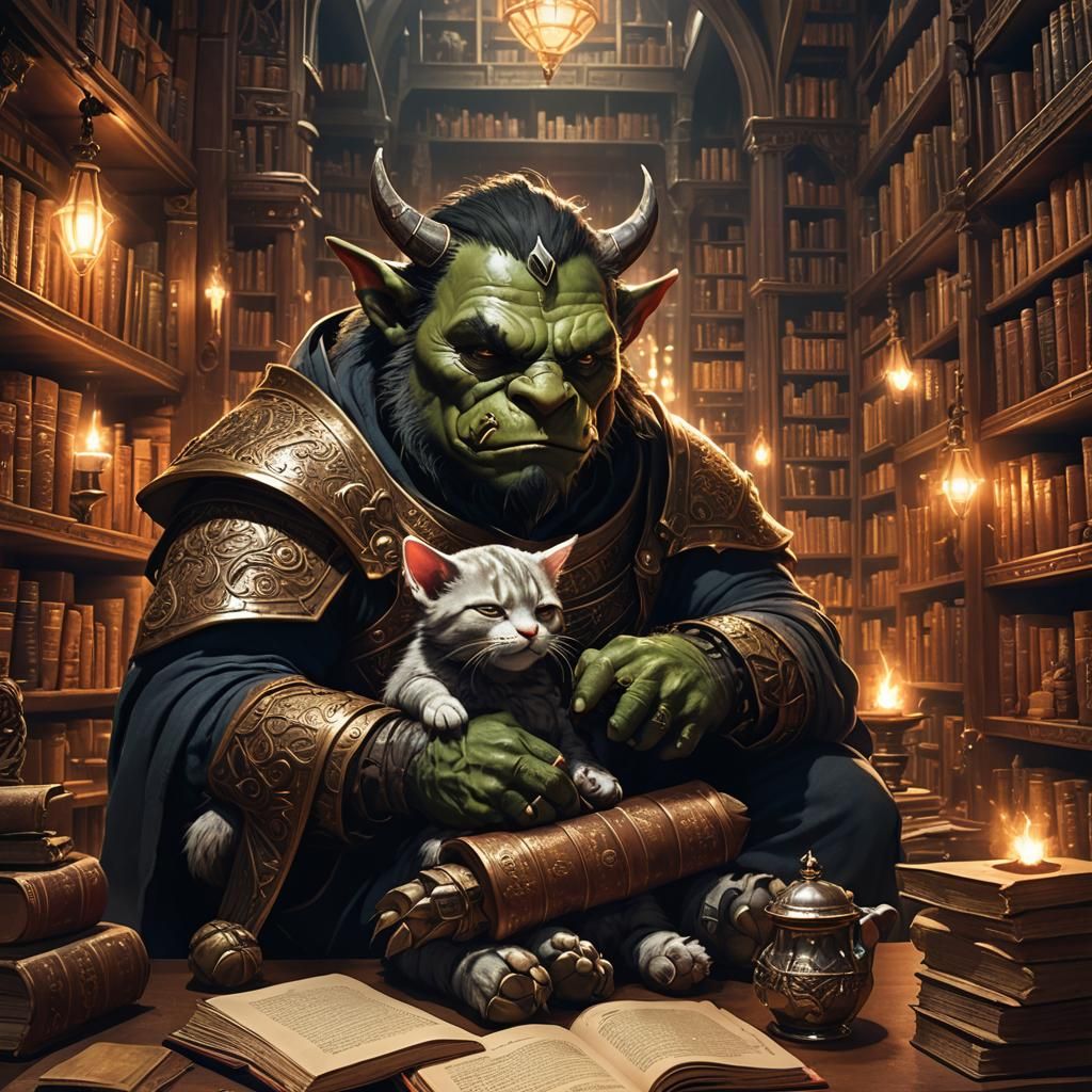 Orc Asleep in Art Nouveau Magic Bookstore